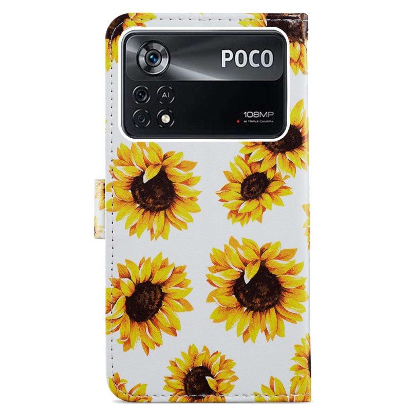 Flip Case Für Poco X4 Pro 5G Mit Kordel Riemenblumen