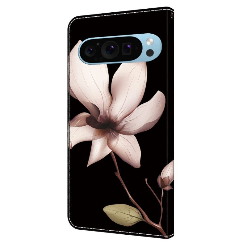 Lederhüllen Für Google Pixel 9 Rosa Blume Auf Schwarzem Hintergrund