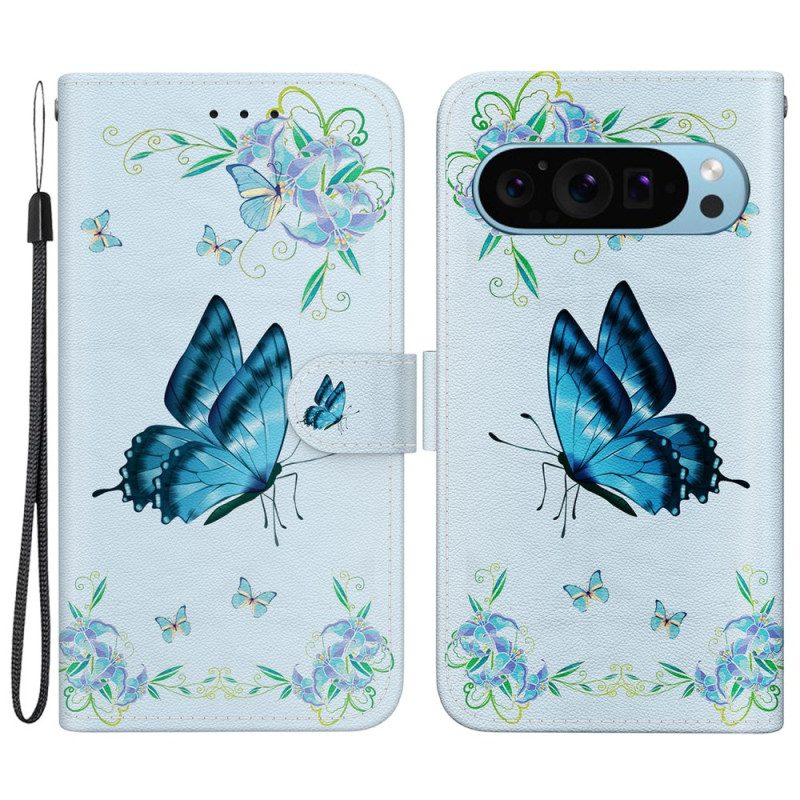 Lederhüllen Google Pixel 9 Blauer Schmetterling Und Blumen