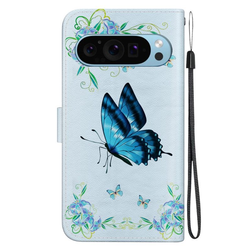 Lederhüllen Google Pixel 9 Blauer Schmetterling Und Blumen