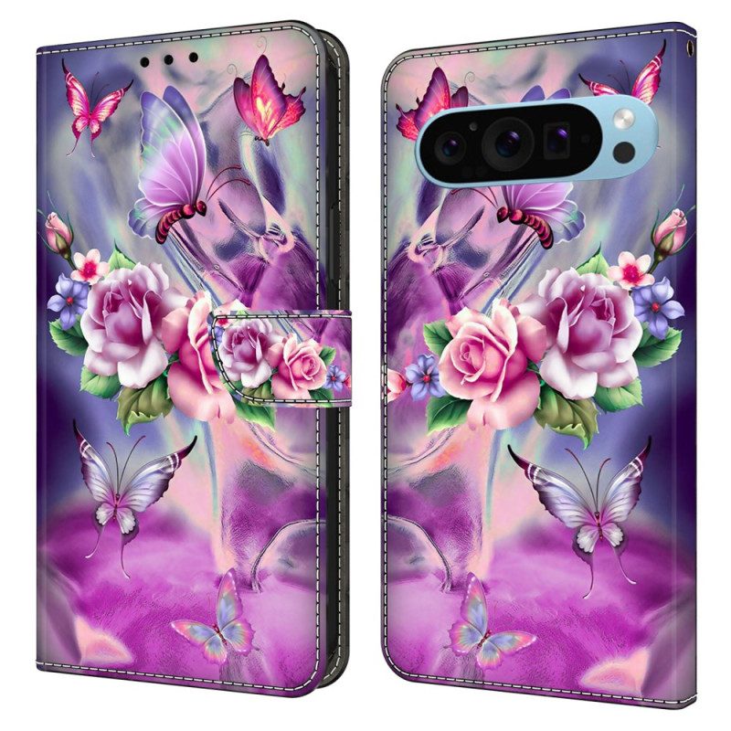 Lederhüllen Google Pixel 9 Schmetterlinge Und Blumen Lila