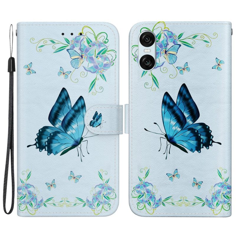 Lederhüllen Für Sony Xperia 10 Vi Blauer Schmetterling Und Blumen Mit Riemen