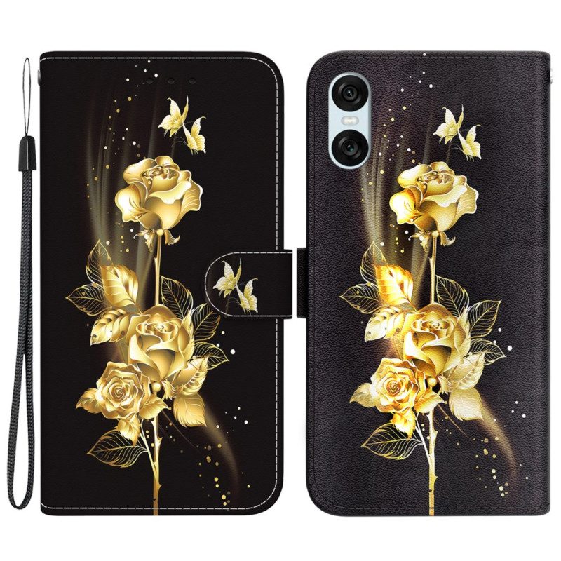 Lederhüllen Sony Xperia 10 Vi Goldene Und Rosa Schmetterlinge Mit Riemen