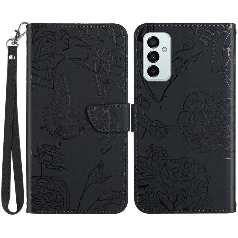 Flip Case Für Samsung Galaxy M23 5G Diskrete Schmetterlinge Und Schlüsselband