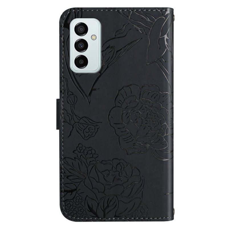 Flip Case Für Samsung Galaxy M23 5G Diskrete Schmetterlinge Und Schlüsselband