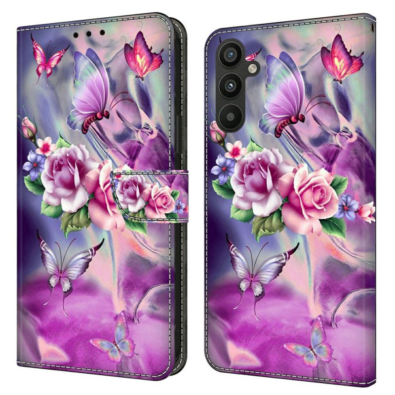 Lederhüllen Samsung Galaxy A15 Lila Schmetterlinge Und Blumen