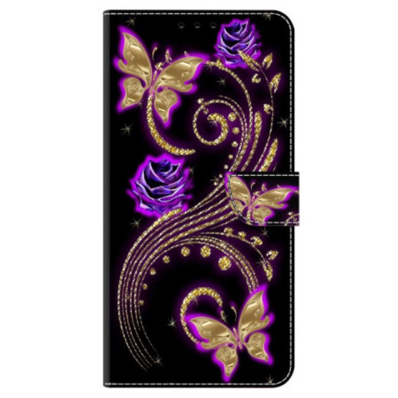 Lederhüllen Samsung Galaxy A15 Violette Blumen Und Schmetterlinge