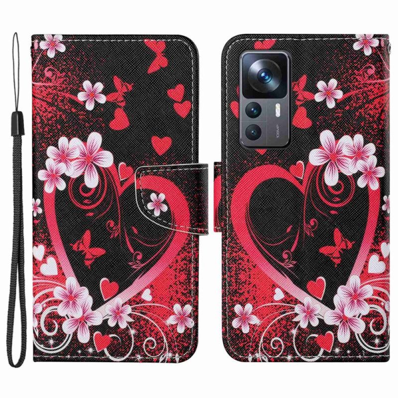 Flip Case Für Xiaomi 12T / 12T Pro Blumen Und Herzen Mit Schlüsselband