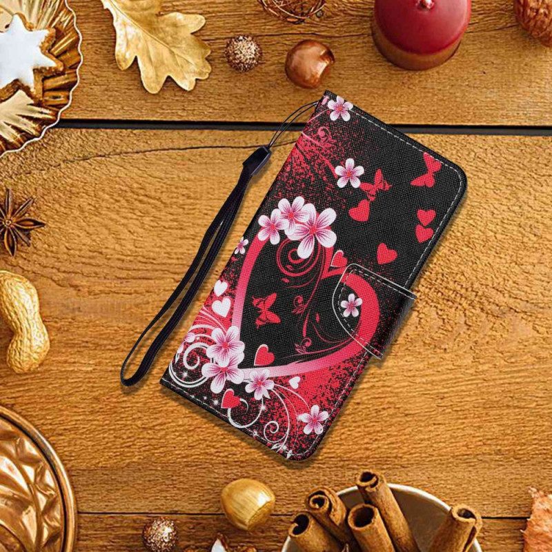 Flip Case Für Xiaomi 12T / 12T Pro Blumen Und Herzen Mit Schlüsselband