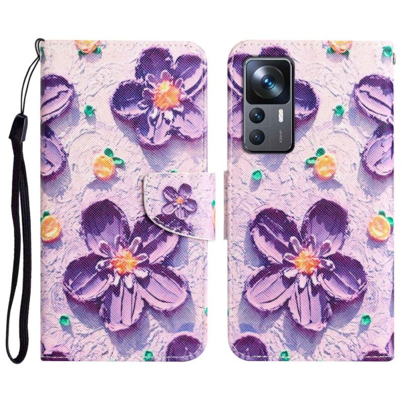 Flip Case Für Xiaomi 12T / 12T Pro Mit Kordel Riemchenblumen