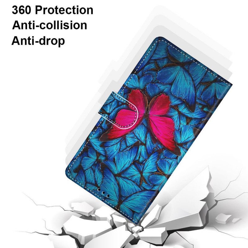 Lederhüllen Für Samsung Galaxy A03 Core Roter Schmetterling. Blauer Hintergrund