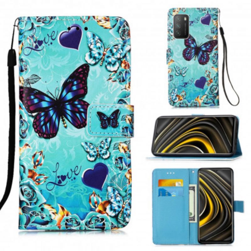 Flip Case Für Poco M3 Mit Kordel Love Butterflys Riemchen