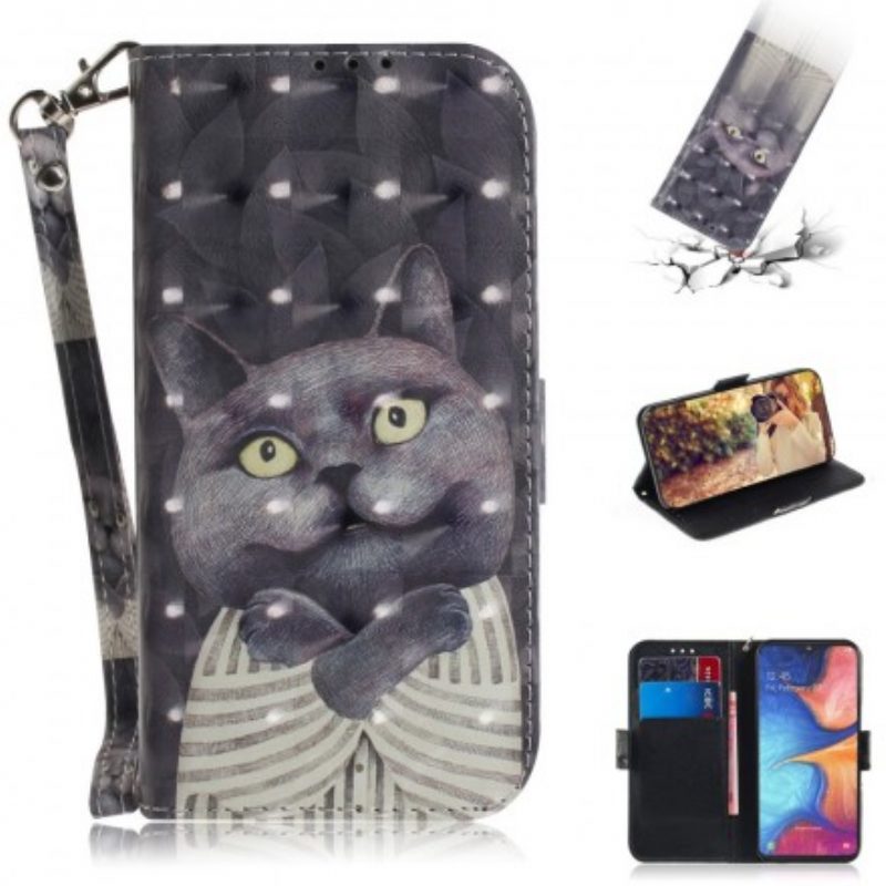 Flip Case Für Samsung Galaxy A20e Mit Kordel Graue Katze Mit Riemen