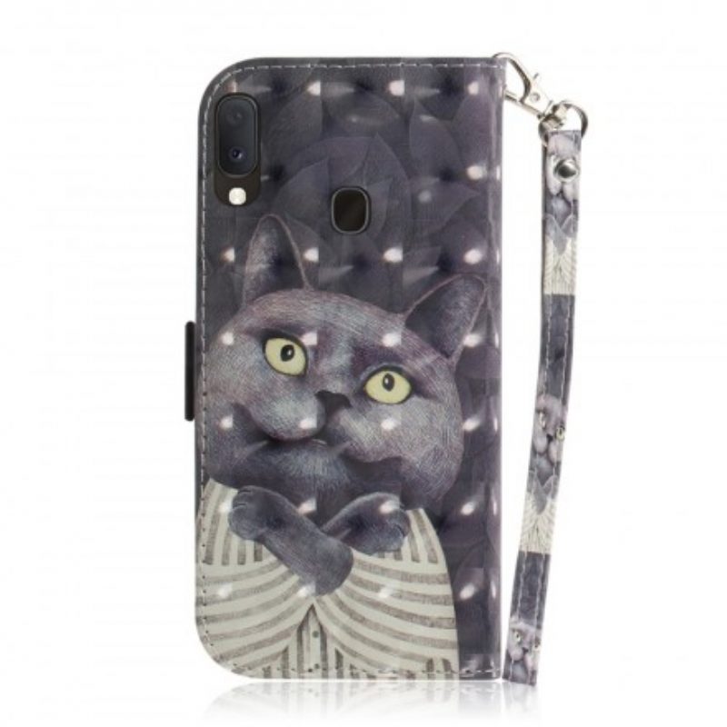 Flip Case Für Samsung Galaxy A20e Mit Kordel Graue Katze Mit Riemen