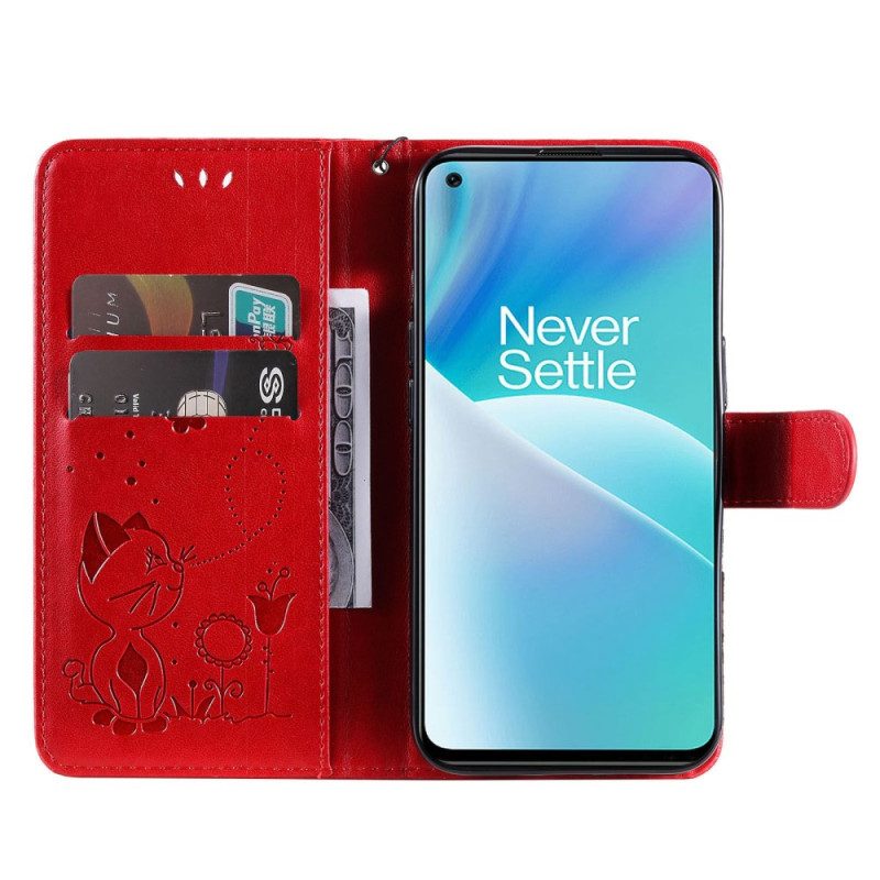 Lederhüllen Für OnePlus Nord 2T 5G Mit Kordel Katze Und Biene Mit Lanyard-kartenhalter