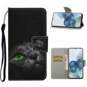 Flip Case Für Samsung Galaxy S21 Ultra 5G Grünäugige Katze Mit Schlüsselband