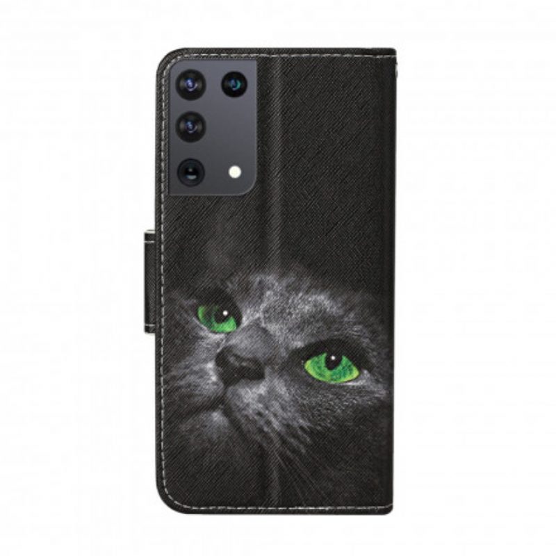 Flip Case Für Samsung Galaxy S21 Ultra 5G Grünäugige Katze Mit Schlüsselband