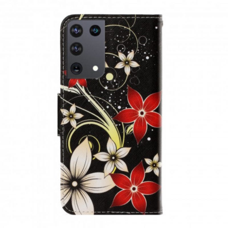 Flip Case Für Samsung Galaxy S21 Ultra 5G Mit Kordel Bunte Riemchenblumen