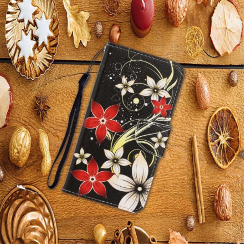 Flip Case Für Samsung Galaxy S21 Ultra 5G Mit Kordel Bunte Riemchenblumen