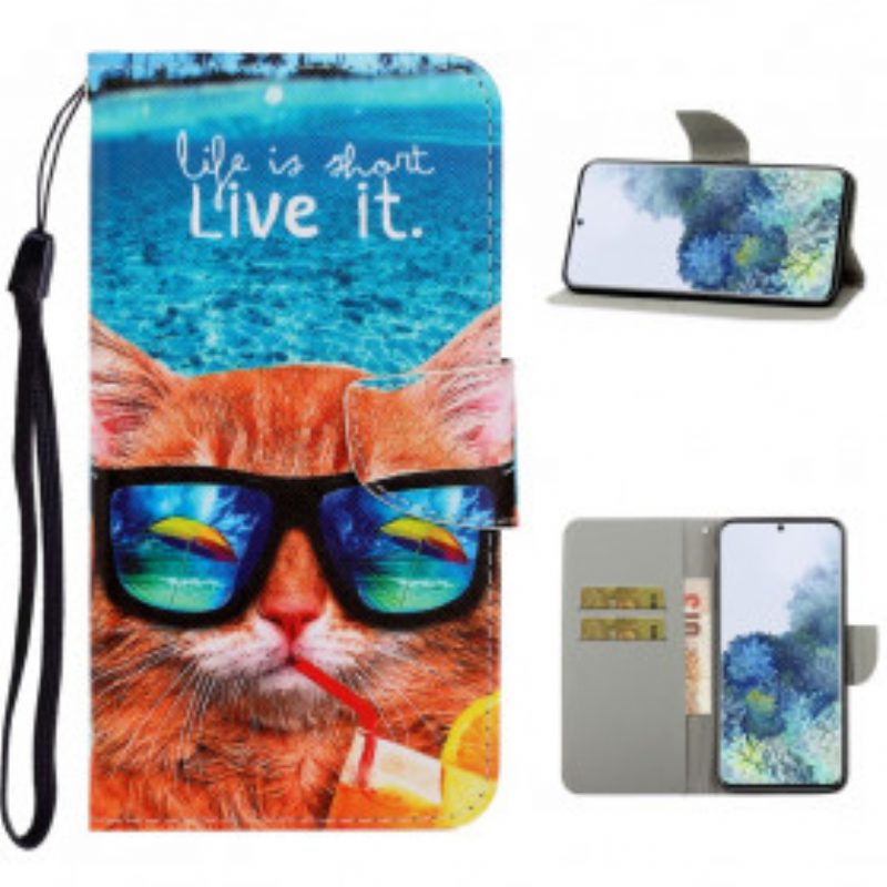 Flip Case Für Samsung Galaxy S21 Ultra 5G Mit Kordel Cat Live It Strappy