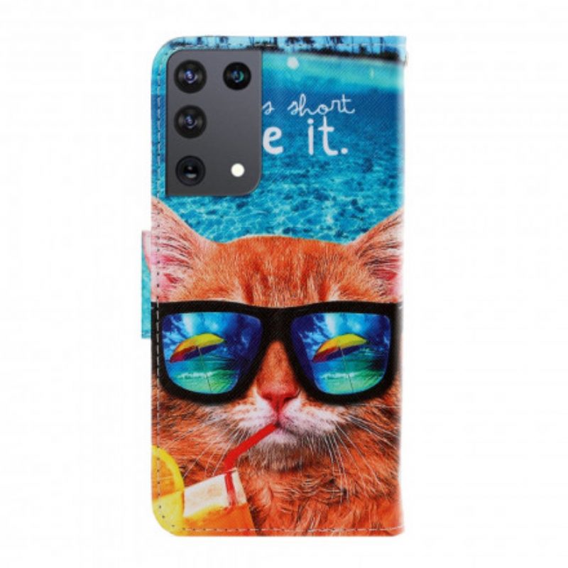 Flip Case Für Samsung Galaxy S21 Ultra 5G Mit Kordel Cat Live It Strappy