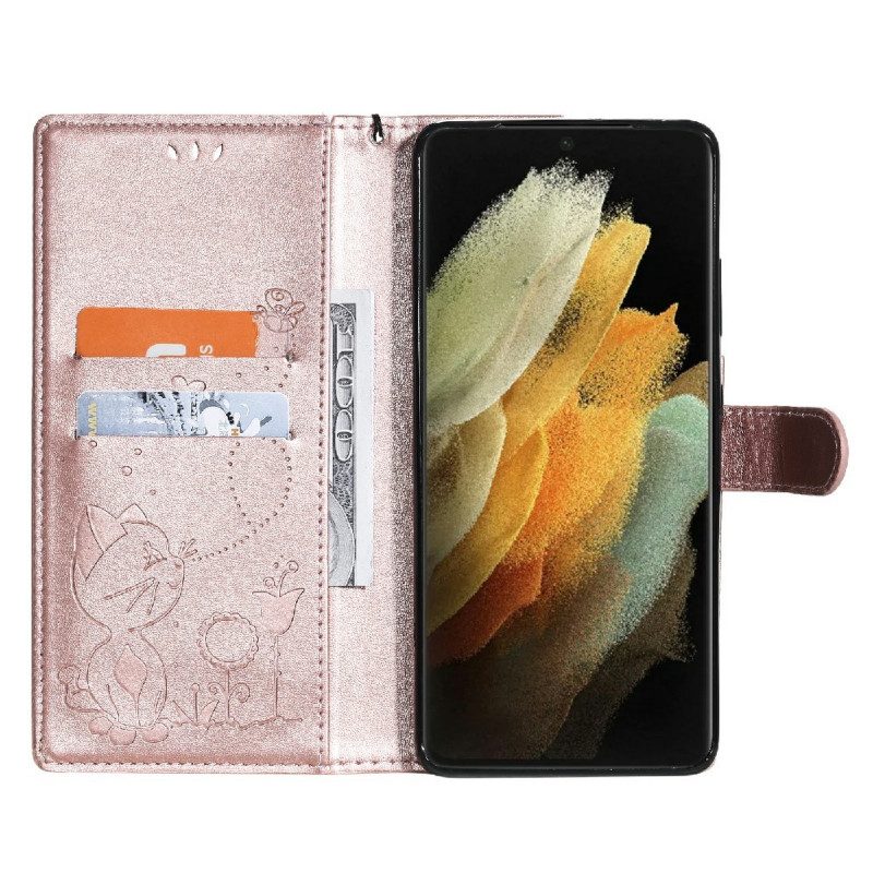 Flip Case Für Samsung Galaxy S21 Ultra 5G Mit Kordel Katze Und Biene Mit Schlüsselband