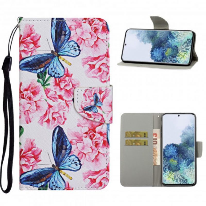 Flip Case Für Samsung Galaxy S21 Ultra 5G Schmetterlinge Blumen-lanyard