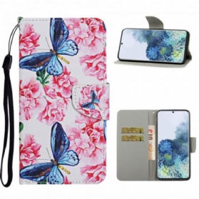 Flip Case Für Samsung Galaxy S21 Ultra 5G Schmetterlinge Blumen-lanyard