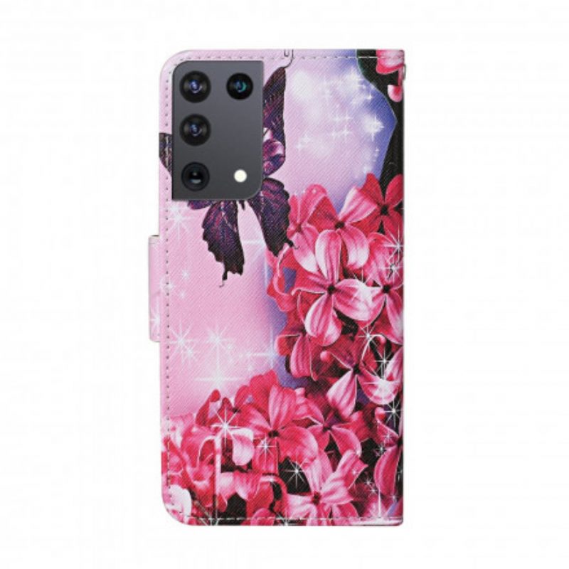 Flip Case Für Samsung Galaxy S21 Ultra 5G Schmetterlinge Blumen-lanyard