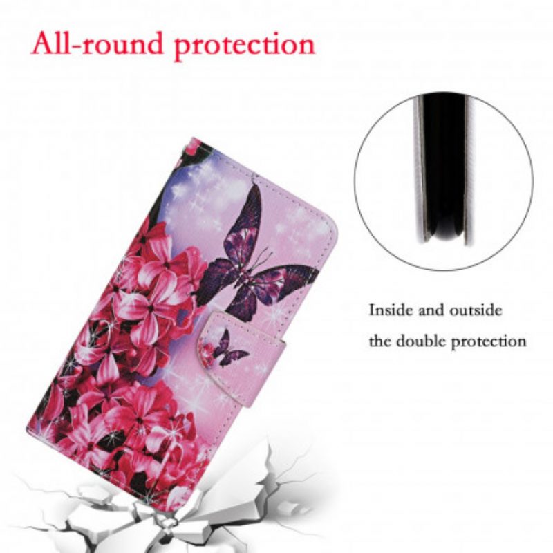 Flip Case Für Samsung Galaxy S21 Ultra 5G Schmetterlinge Blumen-lanyard