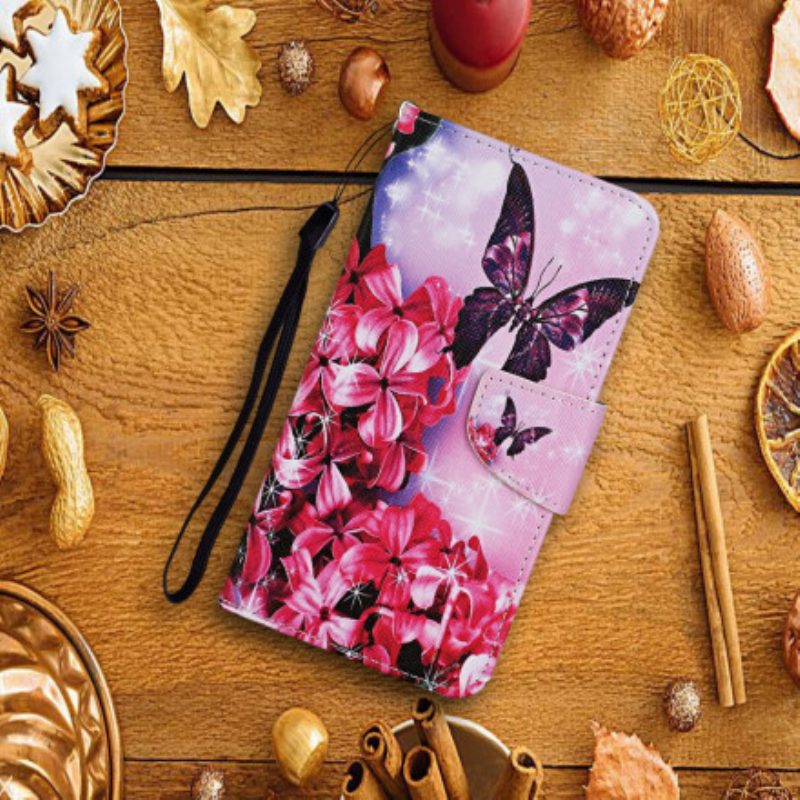 Flip Case Für Samsung Galaxy S21 Ultra 5G Schmetterlinge Blumen-lanyard