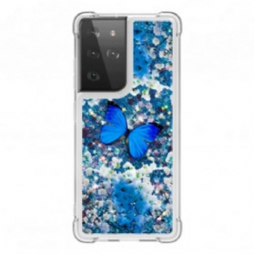 Handyhülle Für Samsung Galaxy S21 Ultra 5G Glitzernde Blaue Schmetterlinge