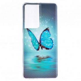 Hülle Für Samsung Galaxy S21 Ultra 5G Fluoreszierender Blauer Schmetterling