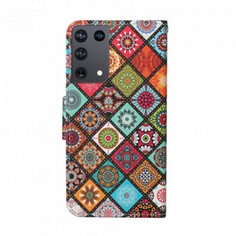 Lederhüllen Für Samsung Galaxy S21 Ultra 5G Patchwork-mandalas Mit Schlüsselband