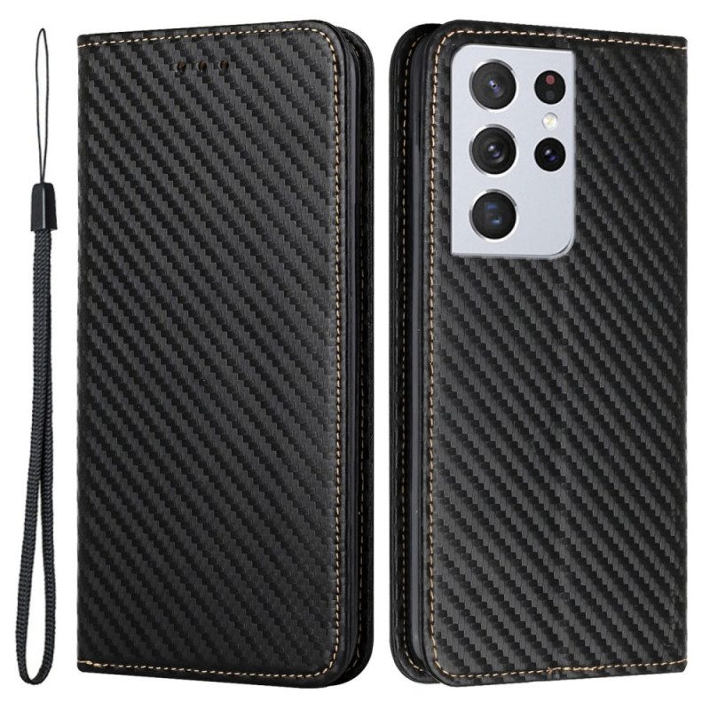 Schutzhülle Für Samsung Galaxy S21 Ultra 5G Mit Kordel Flip Case Kohlefaserarmband