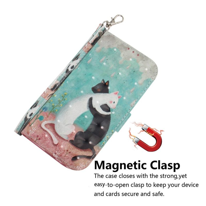 Flip Case Für Honor Magic 5 Lite Mit Kordel Weiße Katze. Schwarze Katze Mit Riemen