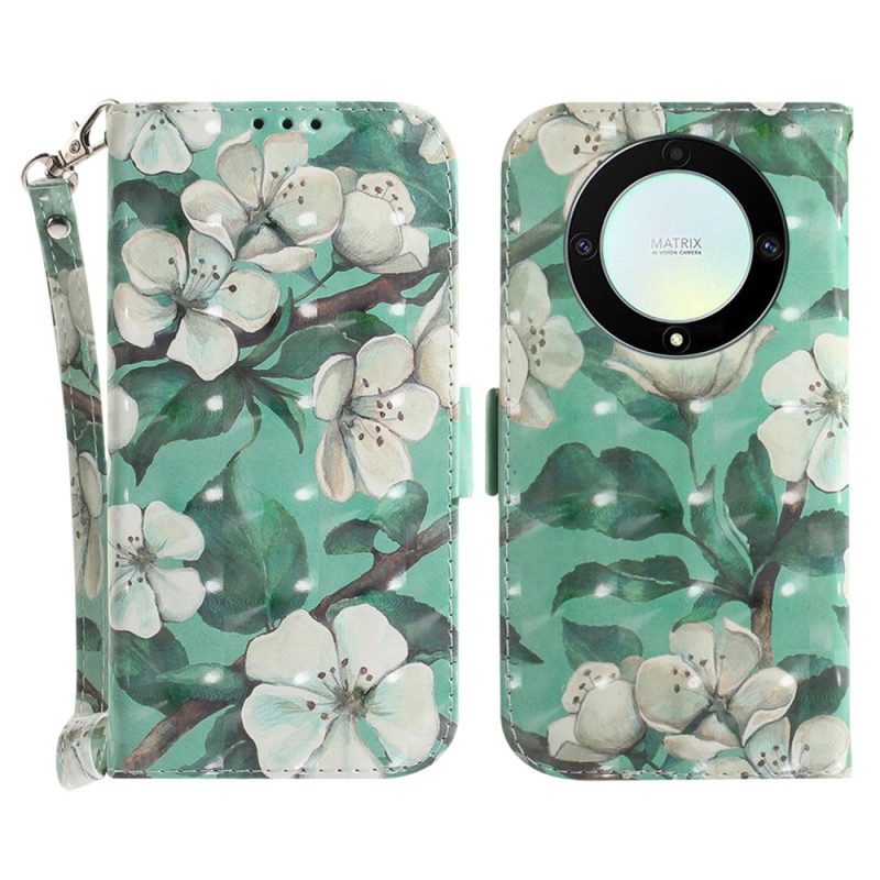 Flip Case Für Honor Magic 5 Lite Mit Kordel Weiße Riemchenblumen