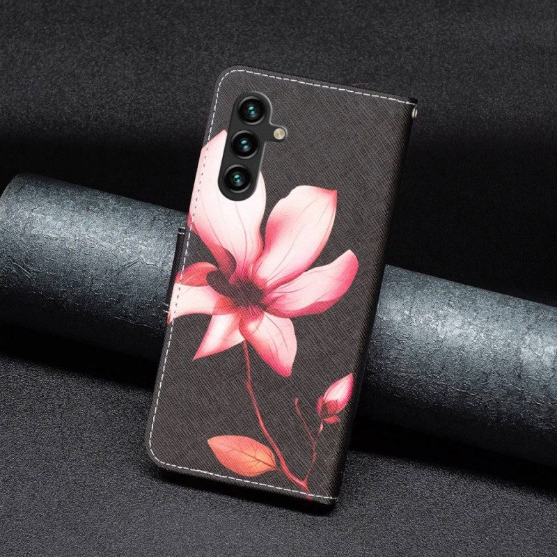 Flip Case Für Samsung Galaxy A14 / A14 5G Blume Auf Schwarzem Hintergrund