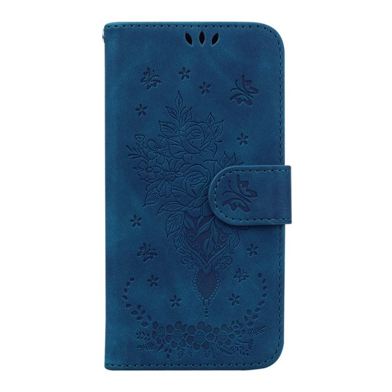 Flip Case Für Samsung Galaxy A14 / A14 5G Mit Kordel Riemchenrosen Und Schmetterlinge