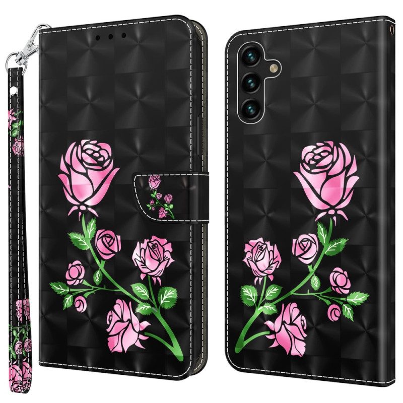 Flip Case Für Samsung Galaxy A14 / A14 5G Mit Kordel Riemenrosen