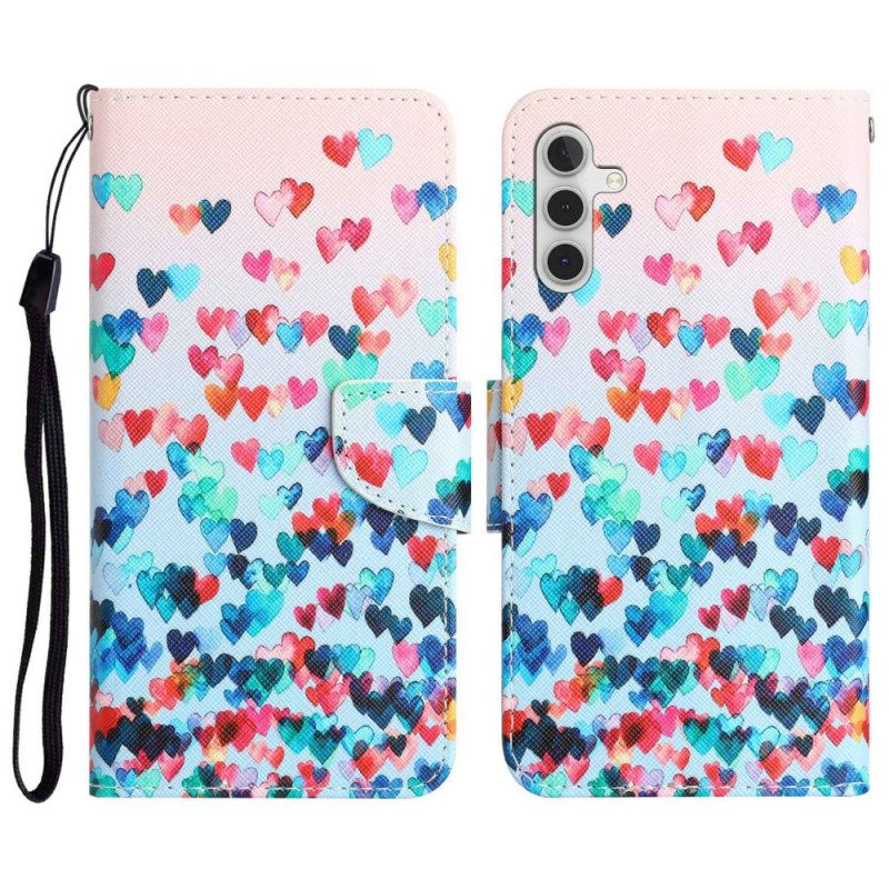 Lederhüllen Für Samsung Galaxy A14 / A14 5G Mit Kordel Strappy Hearts Regen