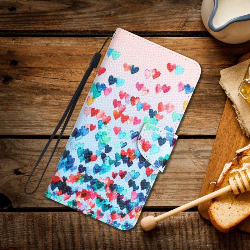 Lederhüllen Für Samsung Galaxy A14 / A14 5G Mit Kordel Strappy Hearts Regen