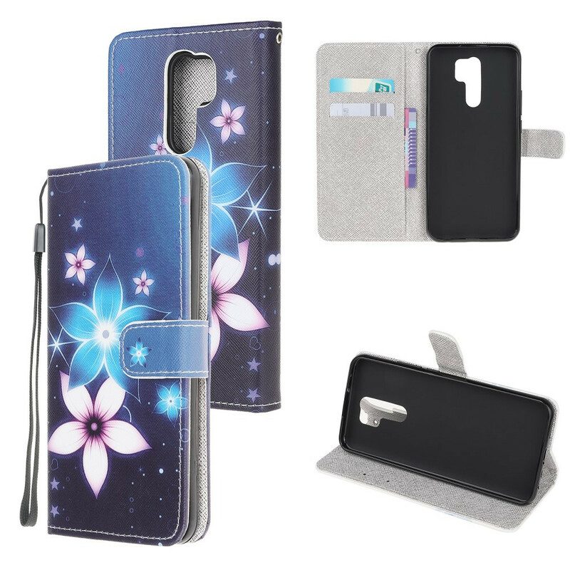 Flip Case Für Xiaomi Redmi 9 Mit Kordel Mondriemenblumen