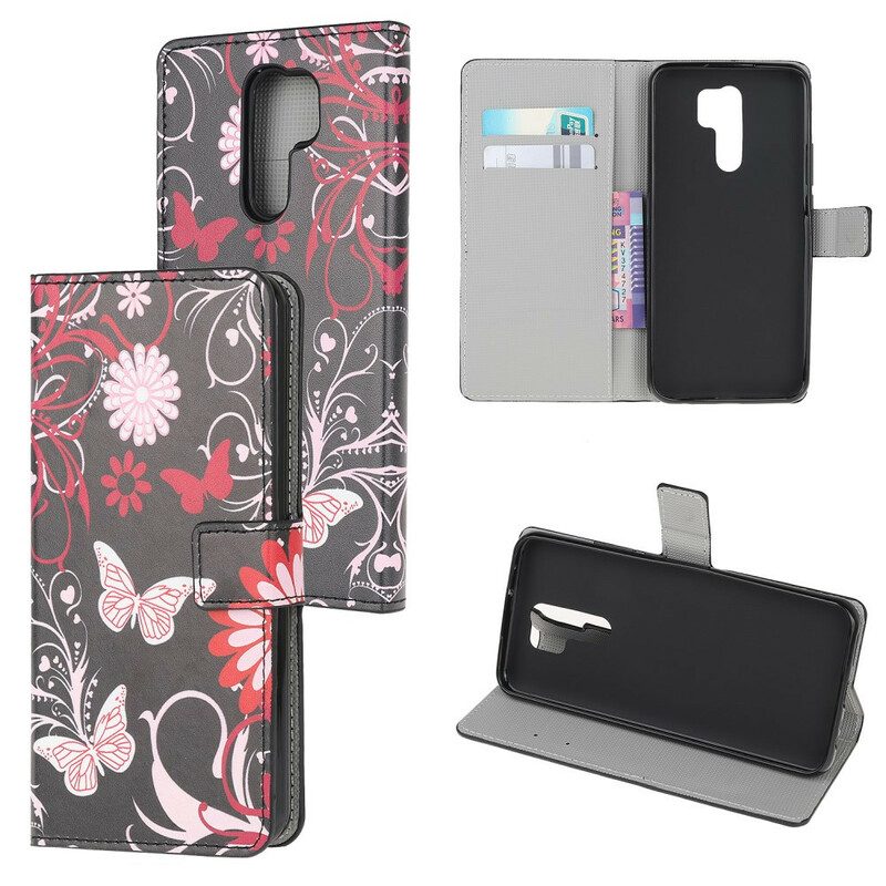 Flip Case Für Xiaomi Redmi 9 Schmetterlinge Und Blumen