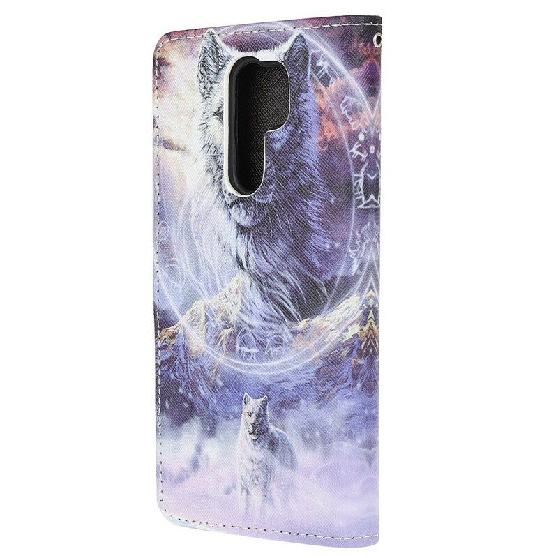 Flip Case Für Xiaomi Redmi 9 Wolf Im Winter Mit Schlüsselband