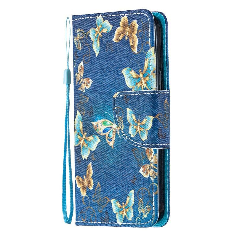 Flip Case Für iPhone 12 Mini Mit Kordel Blaue Schmetterlinge Und Blumen Mit Riemen