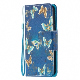 Flip Case Für iPhone 12 Mini Mit Kordel Blaue Schmetterlinge Und Blumen Mit Riemen