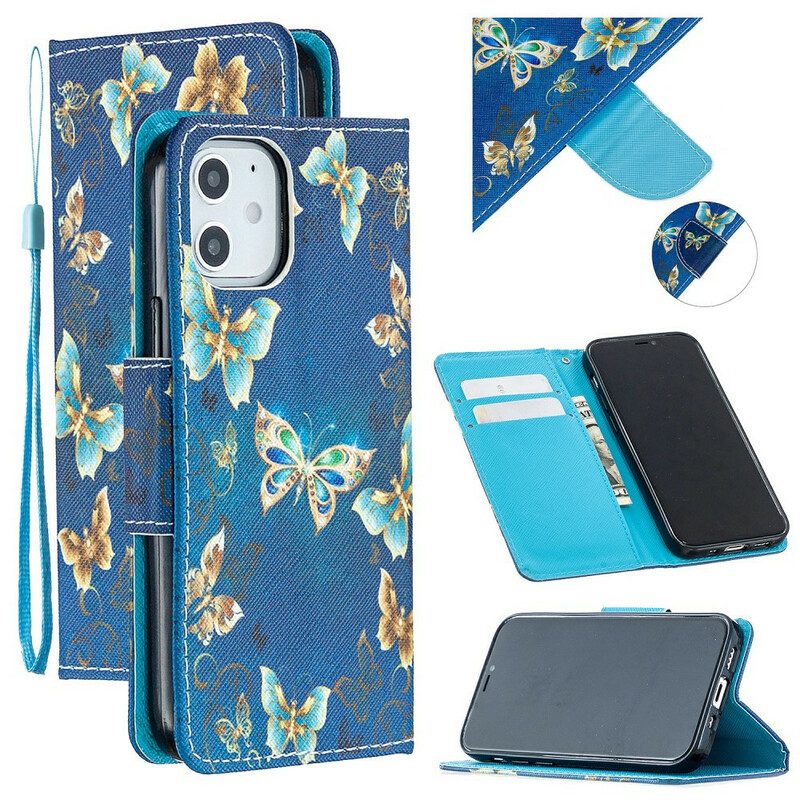 Flip Case Für iPhone 12 Mini Mit Kordel Blaue Schmetterlinge Und Blumen Mit Riemen