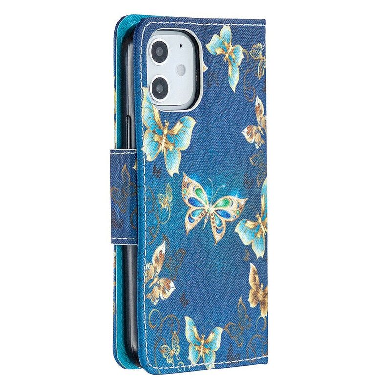 Flip Case Für iPhone 12 Mini Mit Kordel Blaue Schmetterlinge Und Blumen Mit Riemen