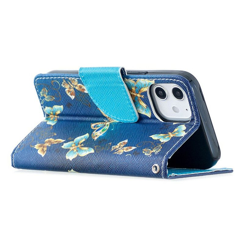 Flip Case Für iPhone 12 Mini Mit Kordel Blaue Schmetterlinge Und Blumen Mit Riemen